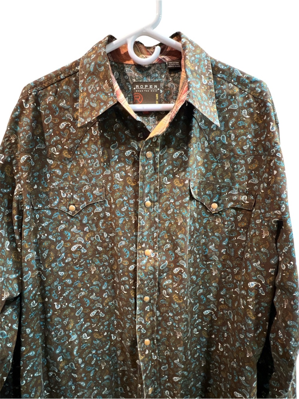 Roper Brown Shirt with Teal Paisley Print